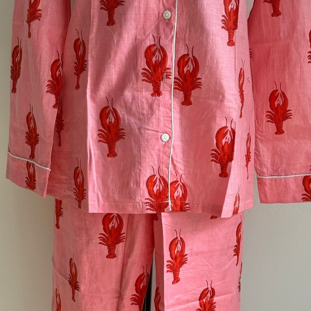 BRAND NEW Hand Block Printed Cotton Pajama Set: Pink Lobster Sleepwear - Picture 7 of 9